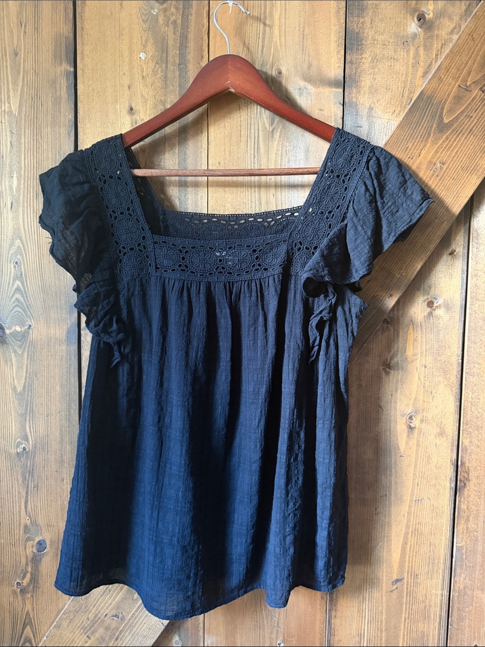 Max Studio Black Crochet Yoke Ruffle Sleeve Top